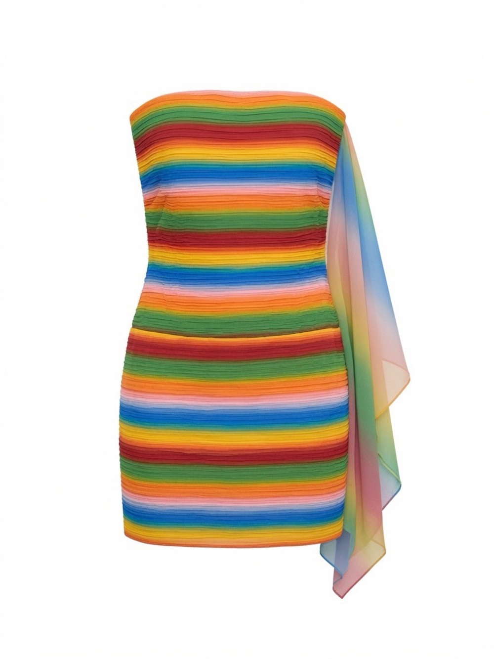 AMUR One-Shoulder Rainbow Stripe Bodycon Dress with Draped Chiffon Sash